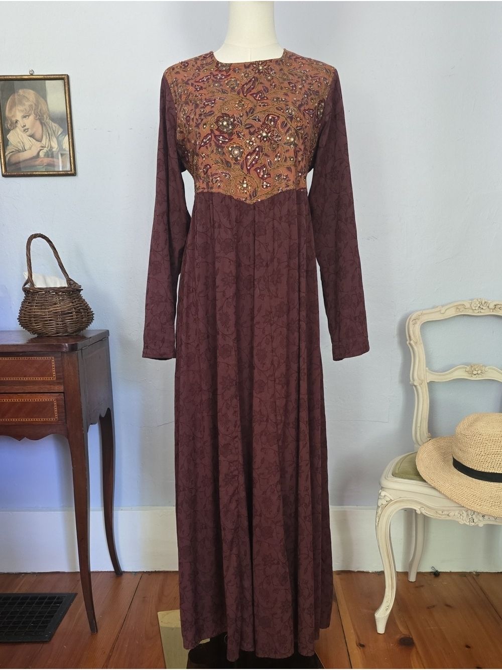Vintage J.Peterman Renaissance Style Embroidered Maxi Dress With Basque Waist